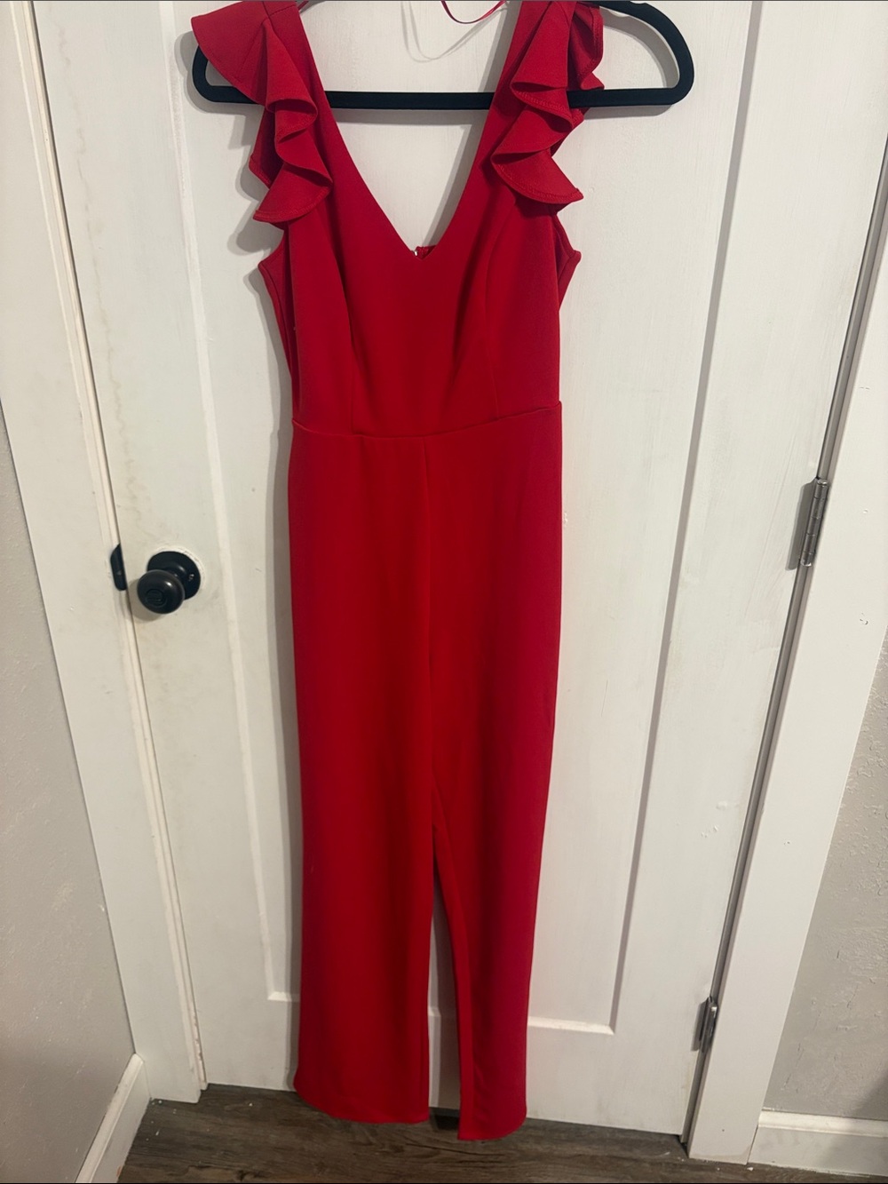 Red Ruffle-Trim V-Neck Jumpsuit